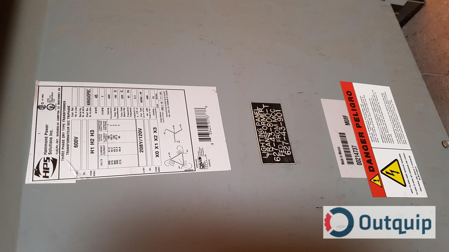 TRANSFORMER 45KVA DISTRIBUTION 600/3/60-208/120 VOLT C/W TAPS HAMMOND #NMK045PBC