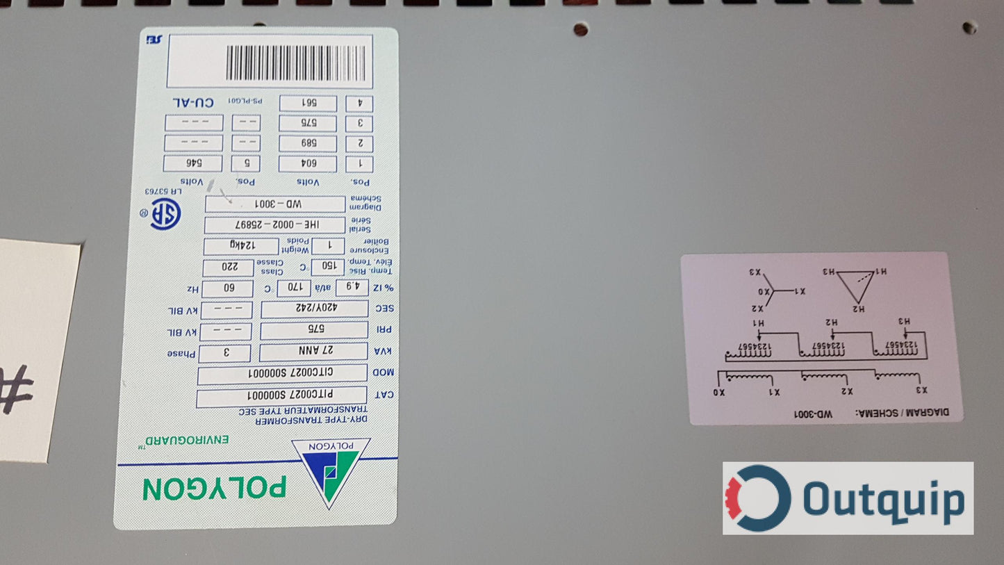 TRANSFORMER,POLYGON PART #PIT027UP,150 DEG C DELTA-WYE 575/420,27 KVA