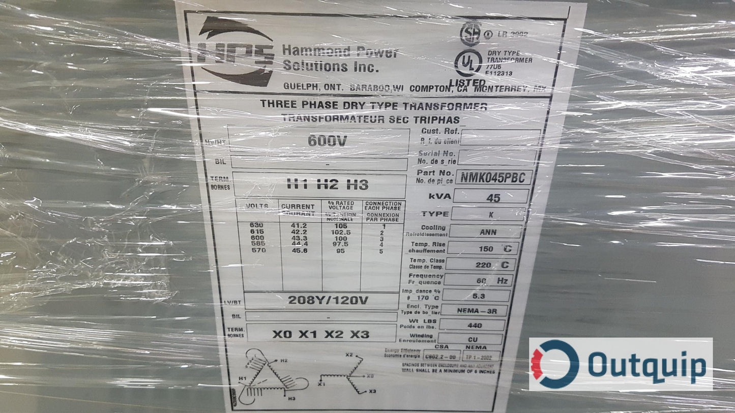 TRANSFORMER 45KVA DISTRIBUTION 600/3/60-208/120 VOLT C/W TAPS HAMMOND #NMK045PBC