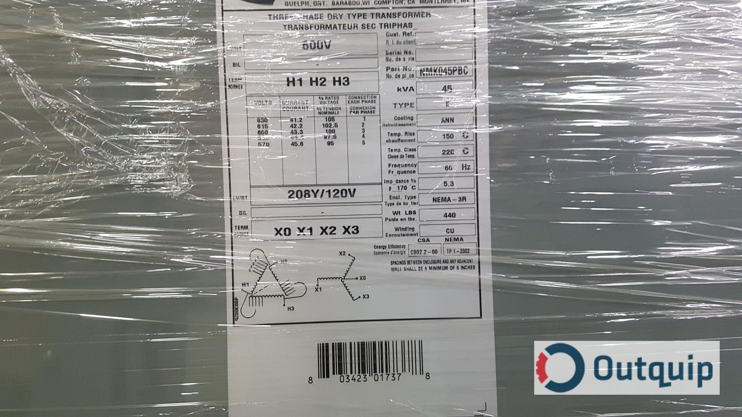 TRANSFORMER 45KVA DISTRIBUTION 600/3/60-208/120 VOLT C/W TAPS HAMMOND #NMK045PBC