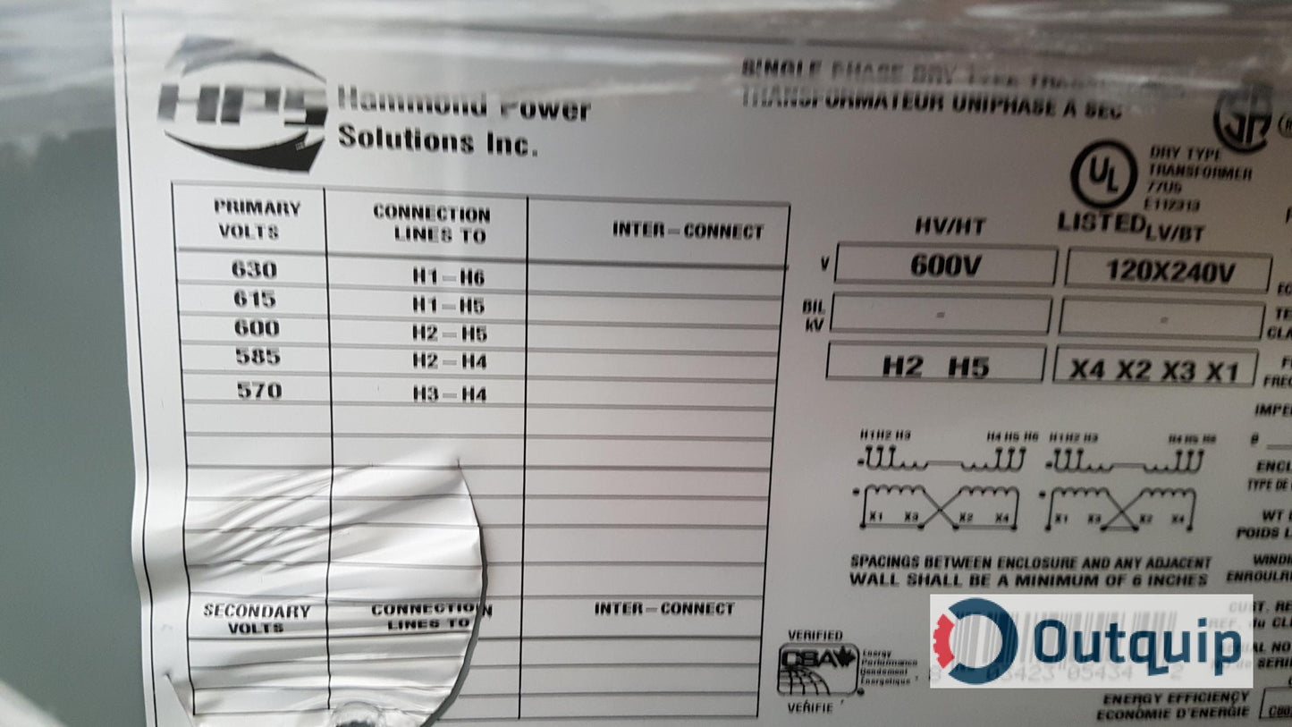 TRANSFORMER, 25 KVA HAMMOND #NMF025PEC DISTRIBUTION 600/1/60 TO 240/