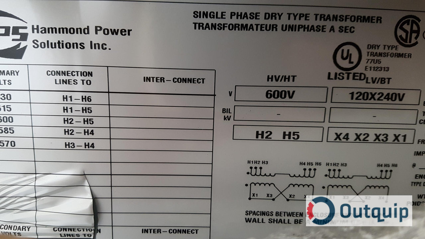 TRANSFORMER, 25 KVA HAMMOND #NMF025PEC DISTRIBUTION 600/1/60 TO 240/