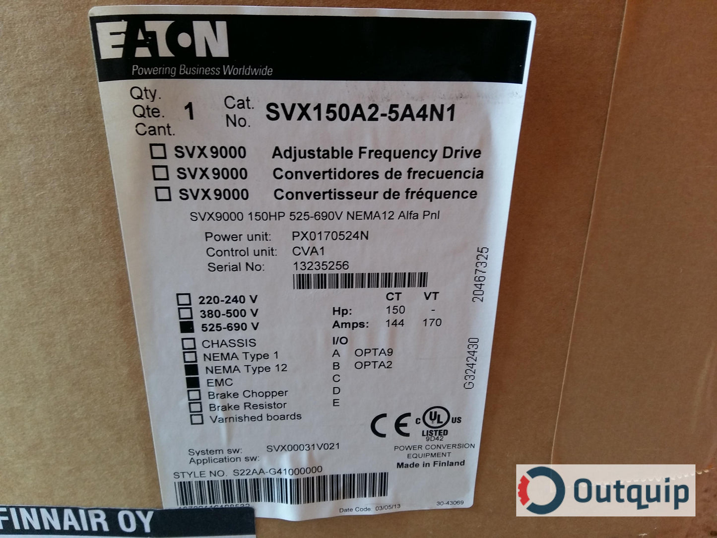 DRIVE AC VARIABLE SPEED 150 HP CUTLER HAMMER SVX150A2-5A4N1 NEMA 12 ENCLOSURE