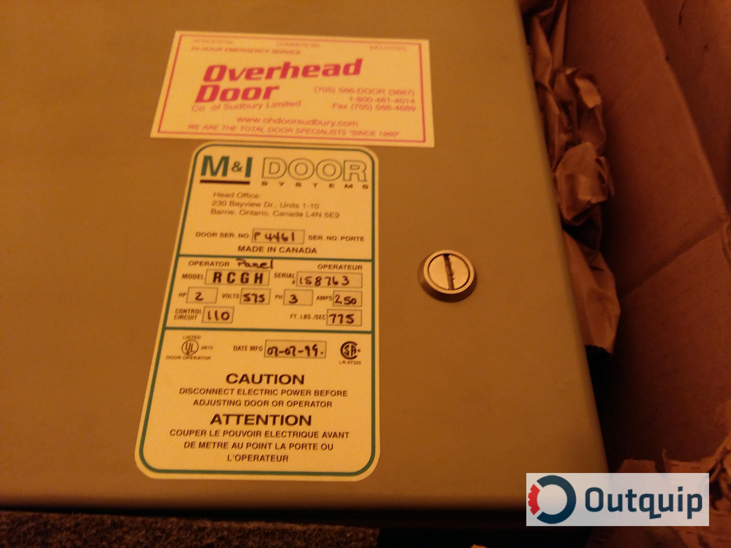 PANEL, OPERATOR DOOR RCGH 3 HP 575 VOLT WALL MOUNTED C/W PB OPEN/CLOSE/STOP M&I DOOR