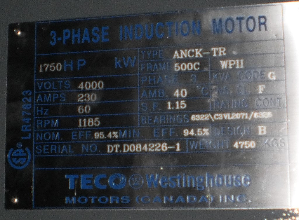 Teco Westinghouse AC - 3 phase motor - 1750 HP/4000 volt/1185 rpm