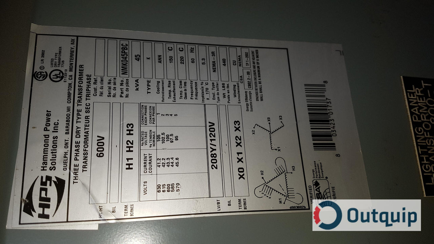 TRANSFORMER 45KVA DISTRIBUTION 600/3/60-208/120 VOLT C/W TAPS HAMMOND #NMK045PBC