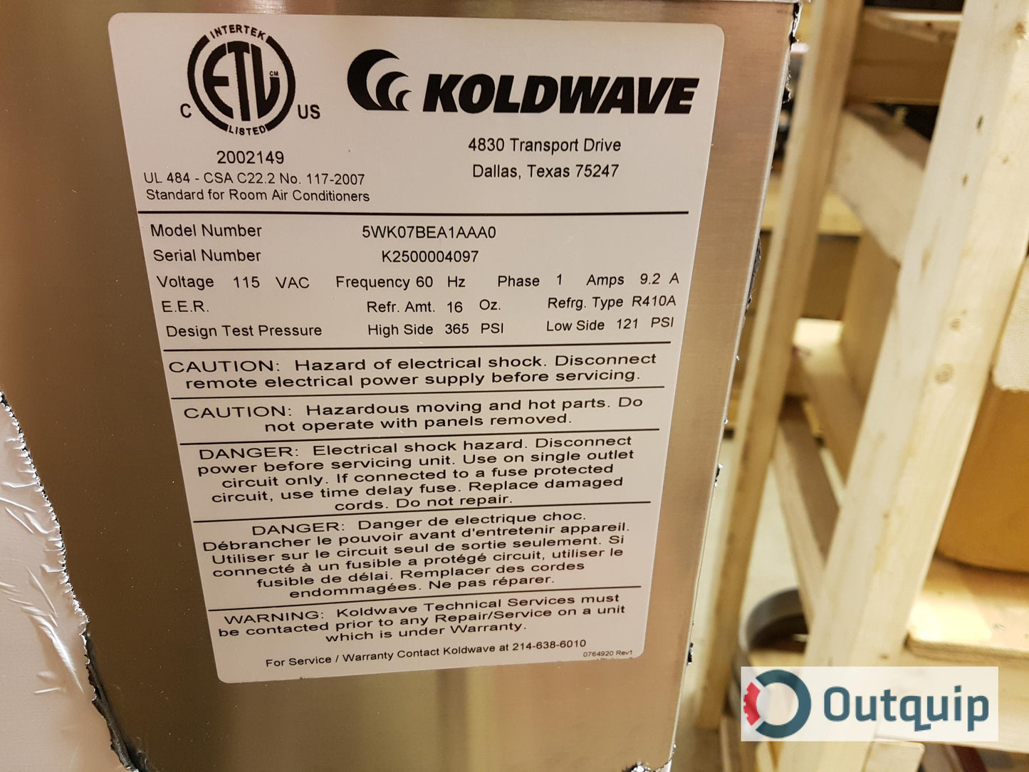 CONDITIONER, AIR KOOLETTE KOLDWAVE MODEL #5WK07BEA 115 VAC WATER COOLED 7000 BTU